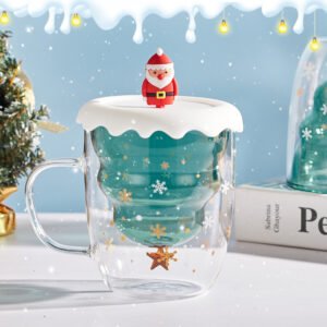 Double-layer insulated Christmas cup with lid glass cup